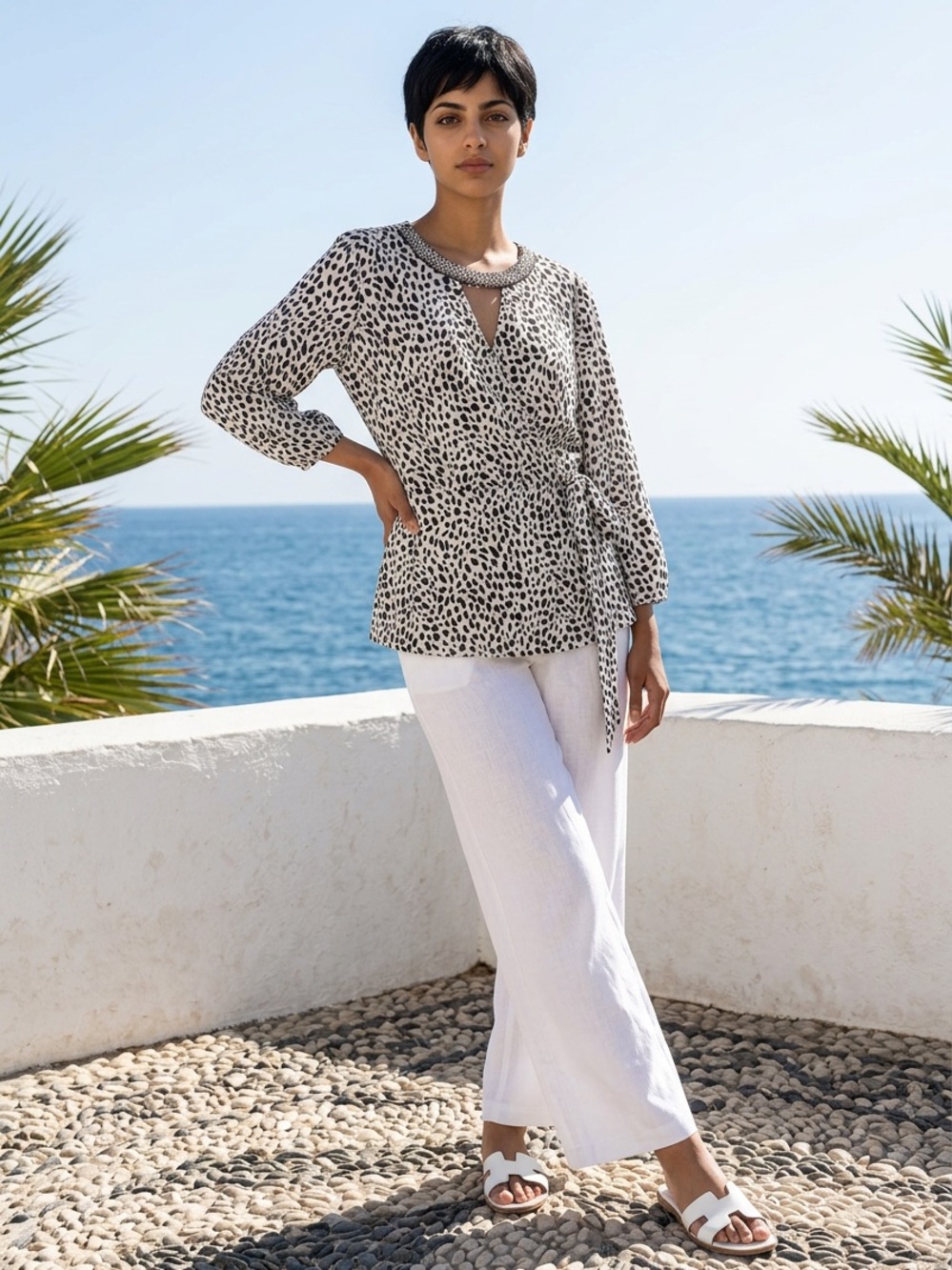 Sleeveless Drape-Neck Printed Top and Black Pants Outfit